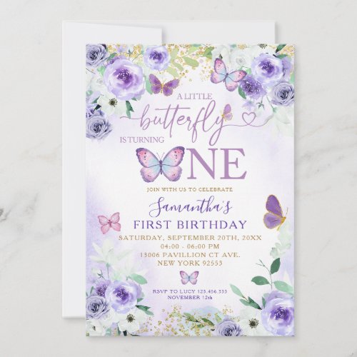 Purple Floral Butterfly is Turning One Birthday Invitation