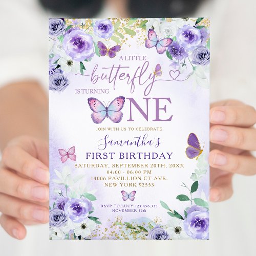 Purple Floral Butterfly is Turning One Birthday Invitation