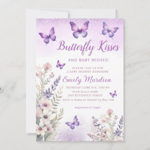 Purple Floral Butterfly Kisses Girl Baby Shower Invitation