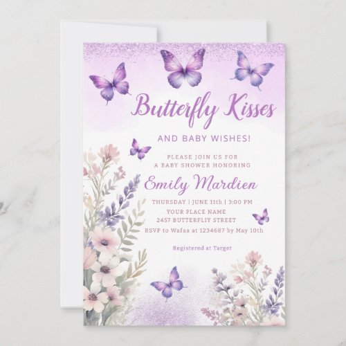 Purple Floral Butterfly Kisses Girl Baby Shower  Invitation