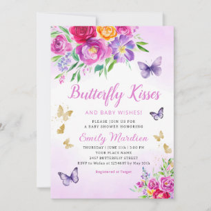 Purple Floral Butterfly Kisses Girl Baby Shower Invitation