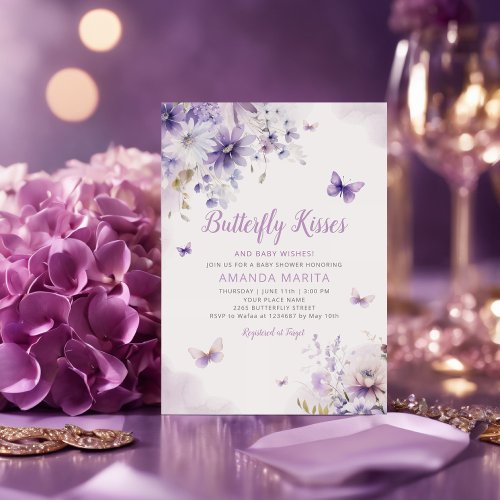 Purple Floral Butterfly Kisses Girl Baby Shower Invitation