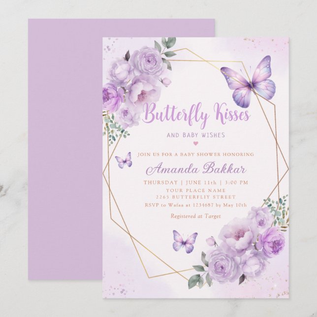 Purple Floral Butterfly Kisses Girl Baby Shower Invitation (Front/Back)