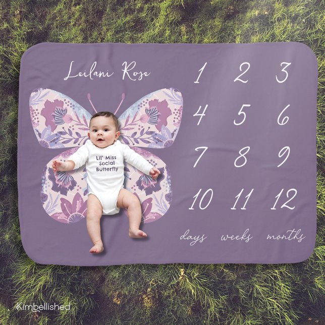 Purple Floral Butterfly Milestone Baby Blanket (Shown on 39"l x 29"w blanket)