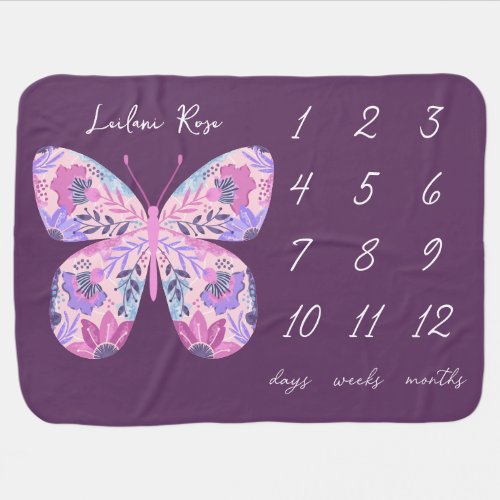 Purple Floral Butterfly Milestone Baby Blanket