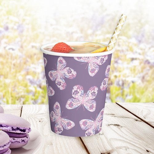 Purple Floral Butterfly Pattern Baby Shower Paper Cups