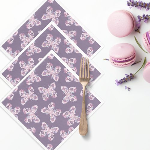 Purple Floral Butterfly Patterned Baby Shower Napkins