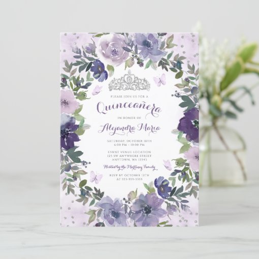 Purple Floral Butterfly Silver Tiara Quinceanera Invitation | Zazzle