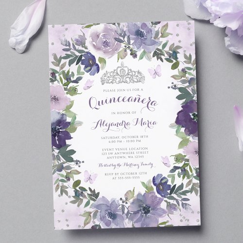 Purple Floral Butterfly Silver Tiara Quinceanera Invitation