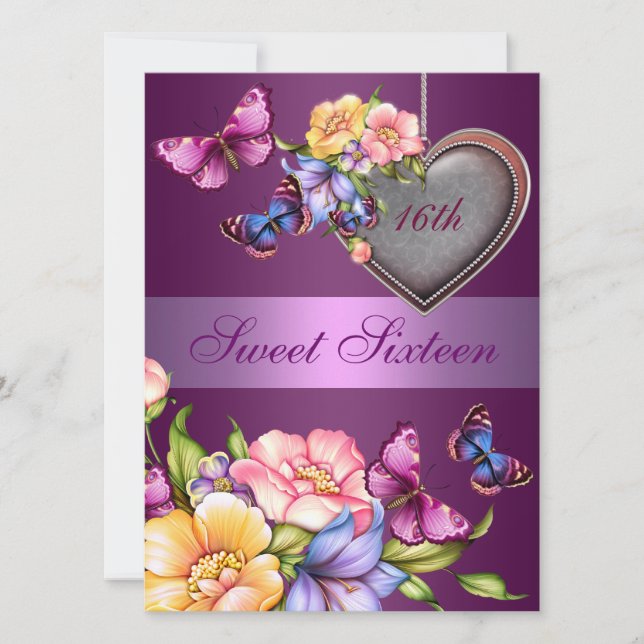 Purple Floral Butterfly Sweet16 Birthday Invite (Front)