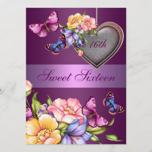 Purple Floral Butterfly Sweet16 Birthday Invite