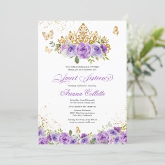 Purple Floral & Butterfly Sweet 16 Birthday Invitation | Zazzle