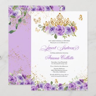 Purple Floral & Butterfly Sweet 16 Birthday Invitation