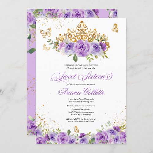 Purple Floral  Butterfly Sweet 16 Birthday Invitation