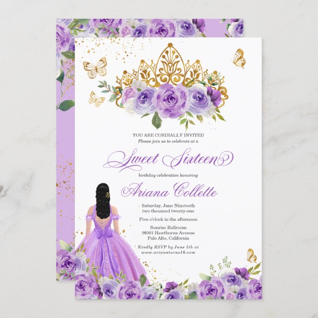 Purple Floral Butterfly Sweet 16 Teen Birthday Invitation (Front/Back)