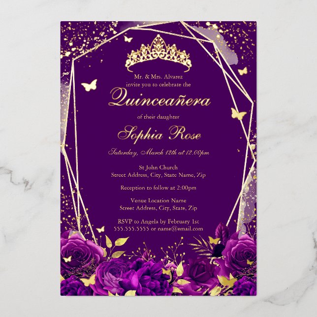 Purple Floral Butterfly Tiara Quinceanera Foil Invitation (Front)