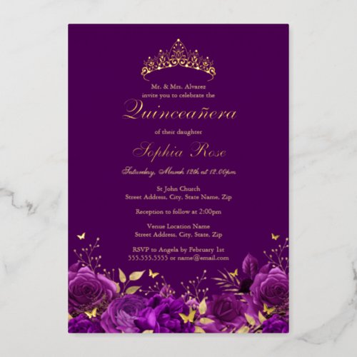 Purple Floral Butterfly Tiara Quinceanera Foil Invitation