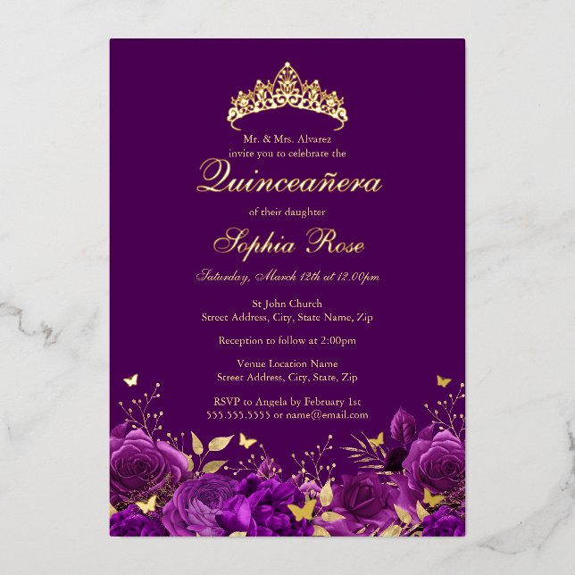 Purple Floral Butterfly Tiara Quinceanera Foil Invitation (Front)