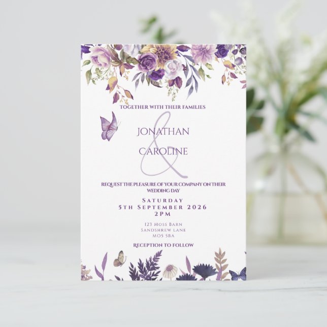 Purple Floral/Butterfly Wedding Invitation  (Standing Front)