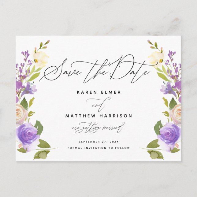 Purple Floral Calligraphy Save The Date Announcement Postcard (Front)