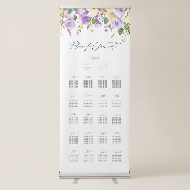Purple Floral Calligraphy Script Seating Chart Retractable Banner (Front)