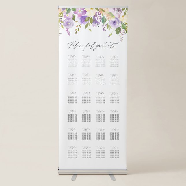 Purple Floral Calligraphy Script Seating Chart Retractable Banner (Front)