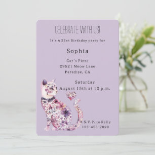 Purple Floral Cat Birthday Invitation