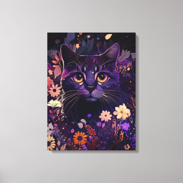 Purple Floral Cat Canvas Print for Cat Lovers (Front)