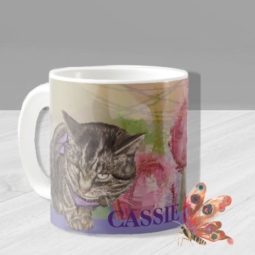 Purple Floral Cat Mug with a butterfly 