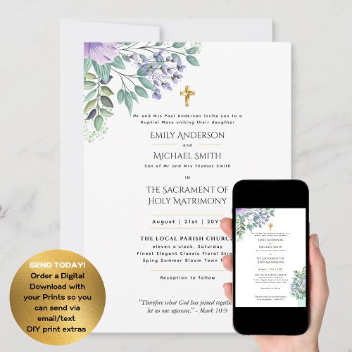 Purple Floral Catholic Wedding Nuptial Mass Invitation