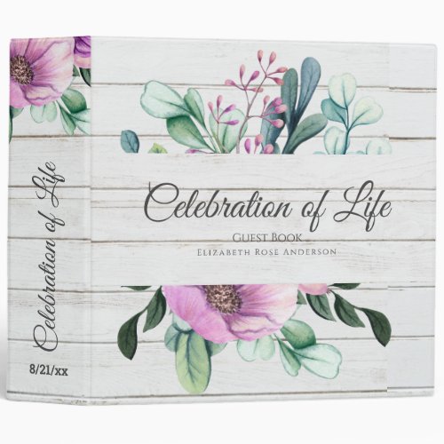 Purple Floral Celebration of Life Guest Book 3 Ring Binder