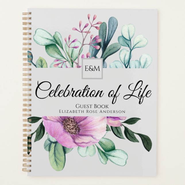 Purple Floral Celebration of Life Guest Book Planner (Front)