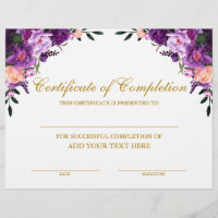 Purple Floral Certificate of Completion Gold