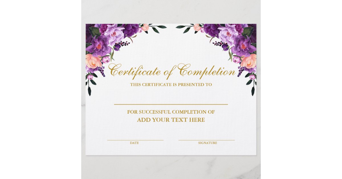 Purple Floral Certificate of Completion Gold | Zazzle