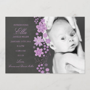 Purple Floral chalkboard Birth Announcement