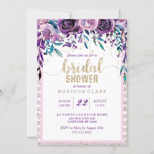 Purple Floral Champagne Bridal Shower Invitation