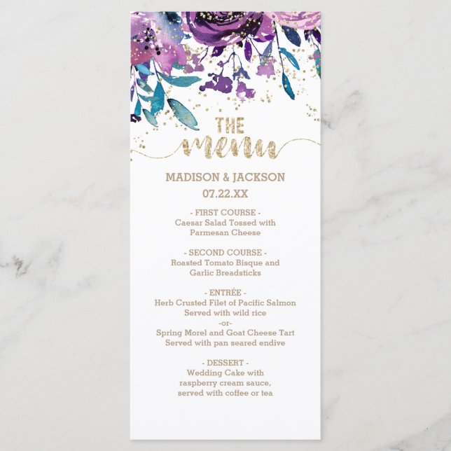 Purple Floral Champagne Gold Confetti Wedding Menu (Front)