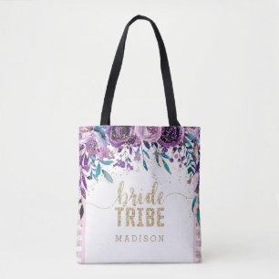 Purple Floral Champagne Gold & Stripes Bride Tribe Tote Bag