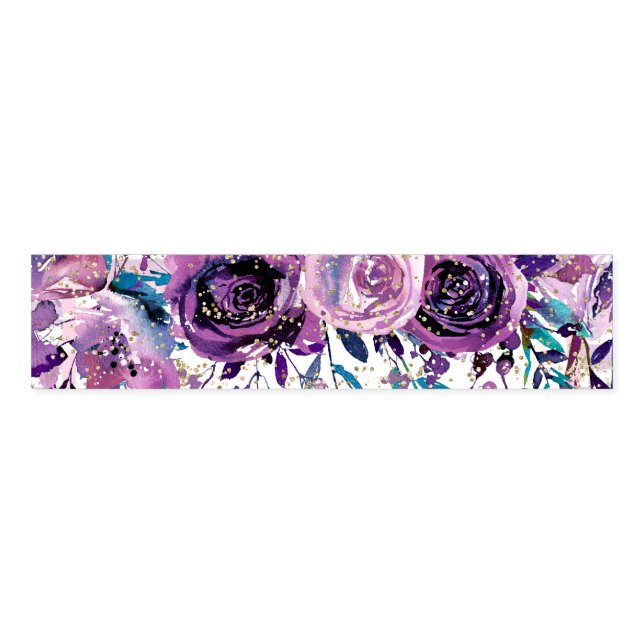 Purple Floral Champagne Gold & Stripes Wedding Napkin Bands (Unfolded)