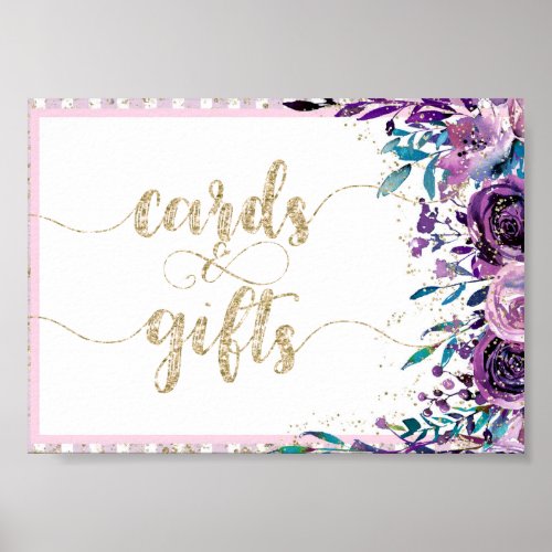 Purple Floral Champagne Gold Wedding Cards  Gifts Poster
