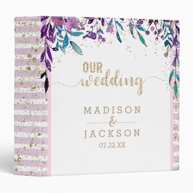 Purple Floral Champagne Gold Wedding Photo Album 3 Ring Binder (Front/Spine)