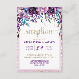 Purple Floral Champagne Gold Wedding Reception Invitation