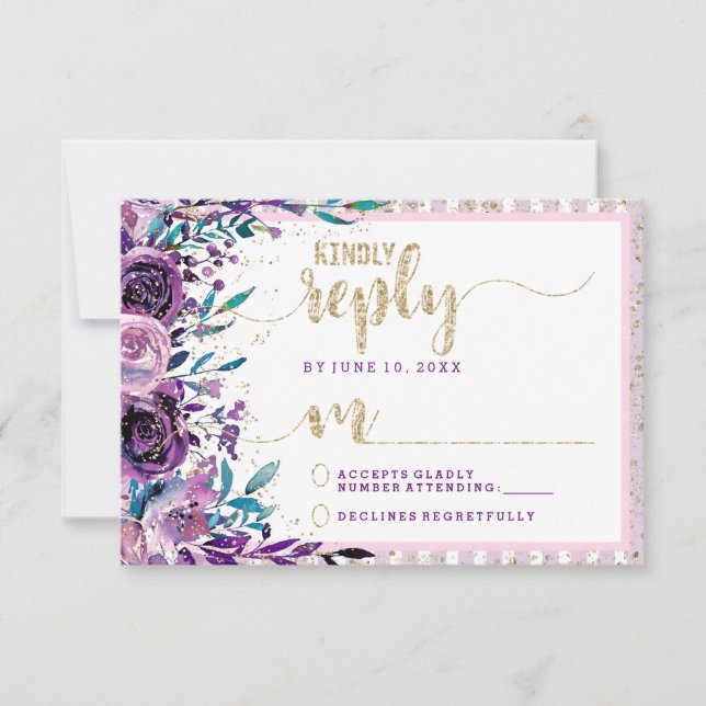 Purple Floral Champagne Gold Wedding Reply RSVP Card (Front)