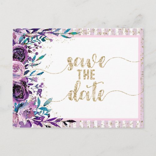 Purple Floral Champagne Gold Wedding Save the Date Announcement Postcard