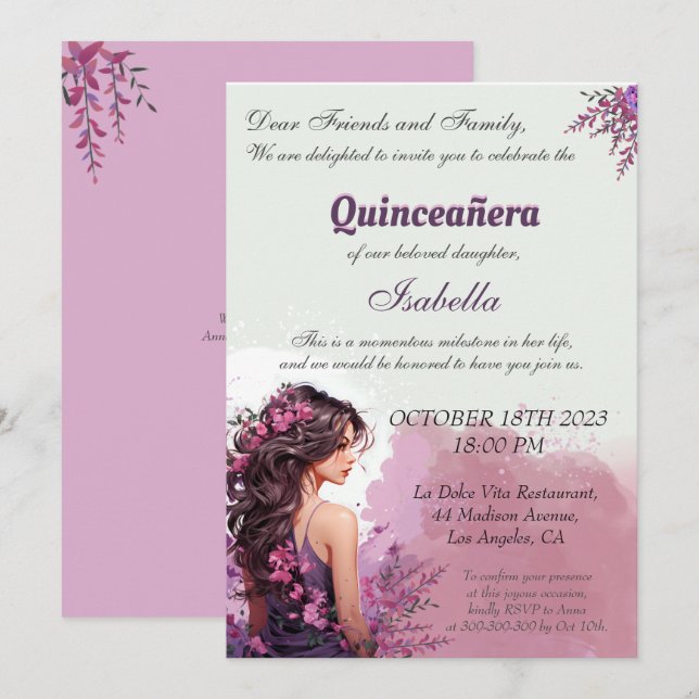 Purple floral Chic Quinceanera Invitation (Front/Back)