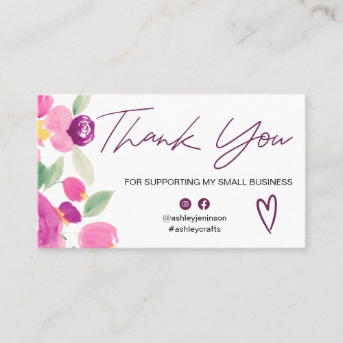 Purple floral chic script font order thank you business card