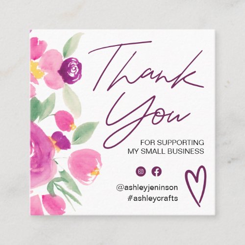 Purple floral chic script font order thank you square business card