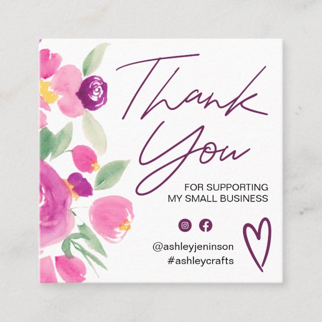 Purple floral chic script font order thank you square business card (Front)