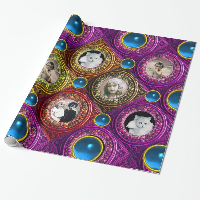 PURPLE FLORAL CHRISTMAS CROWN,BLUE GEM PHOTO FRAME WRAPPING PAPER (Unrolled)