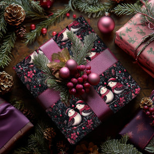 Purple Floral Christmas Wrapping Paper With Birds